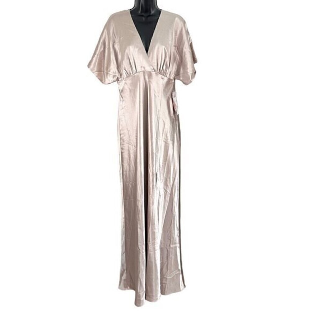 Birdy Grey Jesse Kimono Shiny Satin Flutter Sleeve Bridesmaid Dress Taupe Medium - Picture 2 of 11